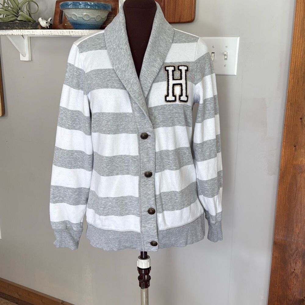 Tommy Hilfiger varsity shawl collar cardigan sweater womens size large gray whit